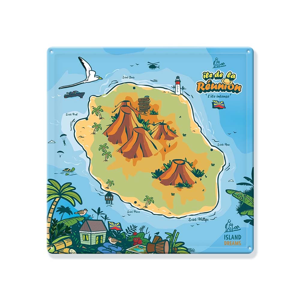 Carte Réunion-Plaque-Métal-Sans Magnets-ISLAND DREAMS